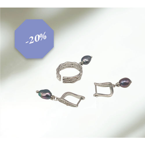 Комплект бижутерии Жемчужный блеск: кольцо, серьги, жемчуг пресноводный культивированный, серебряный