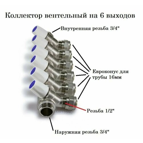 Коллектор для теплого пола, водоснабжения и отопления вентильный TIM 3/4-16-6 выходов