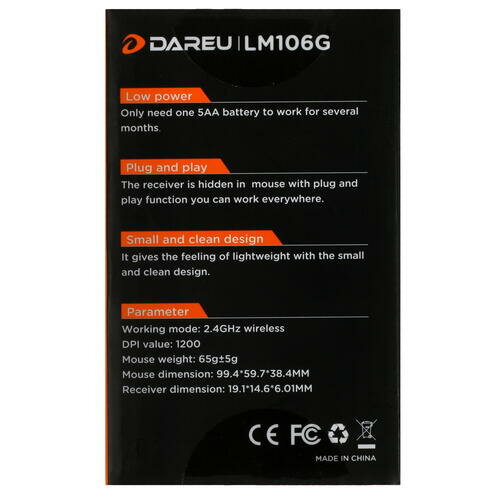 Мышь беспроводная Dareu LM106G Black (черный), DPI 1200, ресивер 2.4GHz, размер 99.4x59.7x38.4мм - фото №9