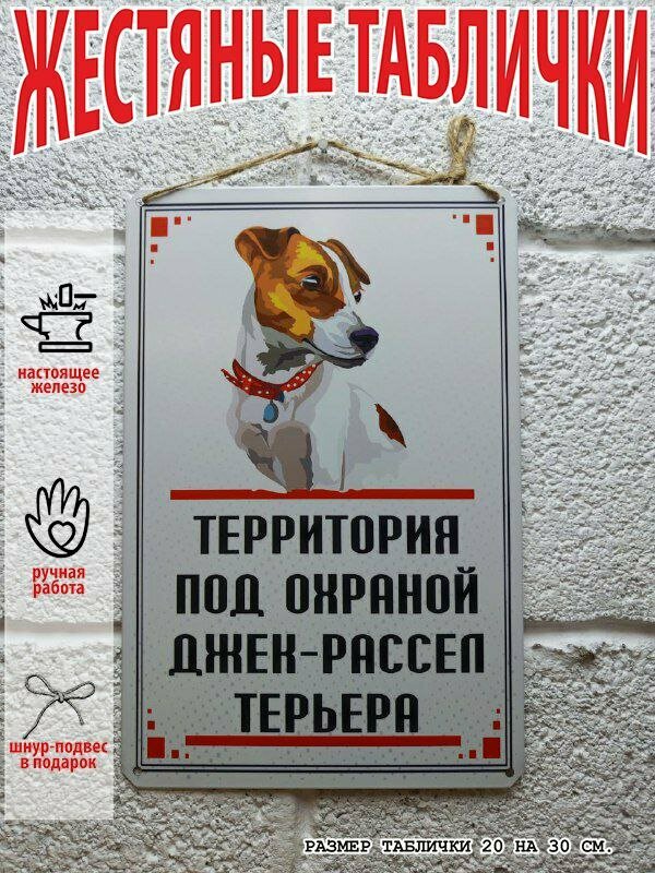 Табличка Арт-Декоро "Территория под охраной джек-рассел-терьер", металлическая, прямоугольная, 20x30 см
