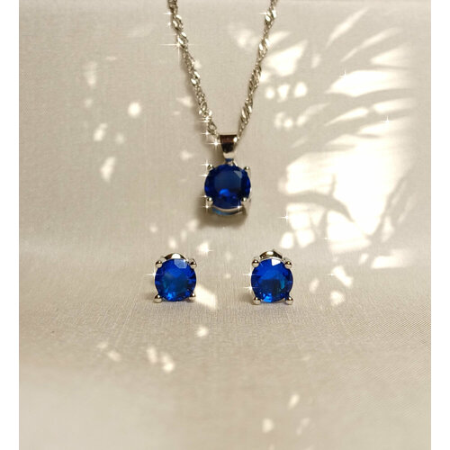 Комплект бижутерии Fashion jewelry Комплект украшений: серьги и цепочка с кулоном, циркон, серебряный, синий