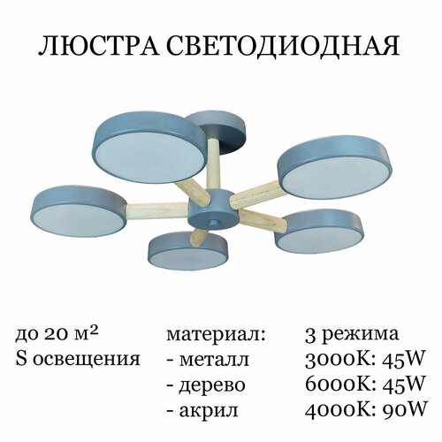 Люстра потолочная светодиодная, светильник Led Grey+WOOD в современном стиле, освещение для дома, люстра на кухню, в спальню JUPITER LIGHTING, 90 Вт