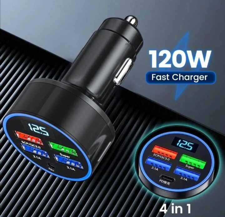Автомобильное зарядное устройство с вольтметром / 4 USB порта + Type-C / , быстрая автомобильная зарядка для телефона 12-24 QC3.0 12-24 вольт — фото 1