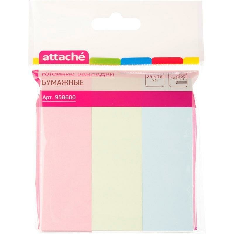 Клейкие закладки Attache бумажные 3 цвета по 100 листов 25x76 мм