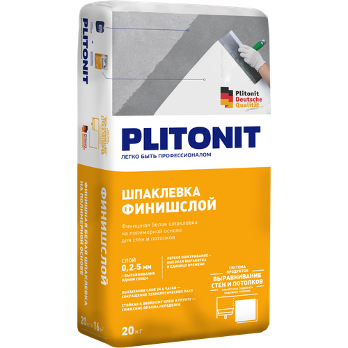 Шпаклевка финишная PLITONIT ФинишСлой полимерная белая, 20 кг шпаклевка полимерная lr для сухих помещений белая 20 22 кг