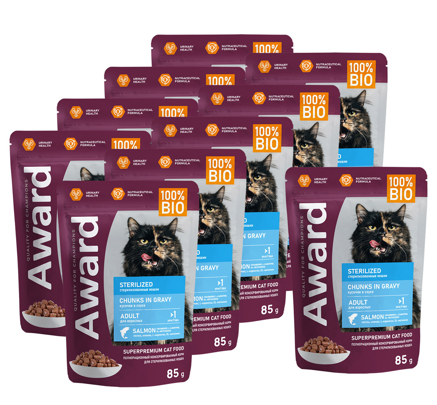фото Влажный корм AWARD Sterilized для взрослых стерилизованных кошек кусочки в соусе с лососем 85г х 10 шт.