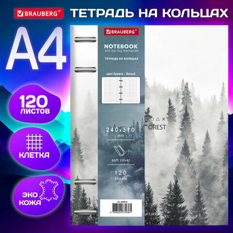 Тетрадь на кольцах большая А4 (240×310 мм), 120 л, под кожу, BRAUBERG VISTA, «Туман»