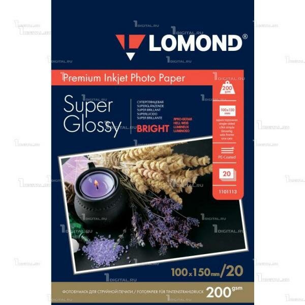 Фотобумага Lomond 10 x 15 см, 200 г/м2 (20 листов) суперглянцевая, ярко-белая (Super Glossy Bright) (1101113)