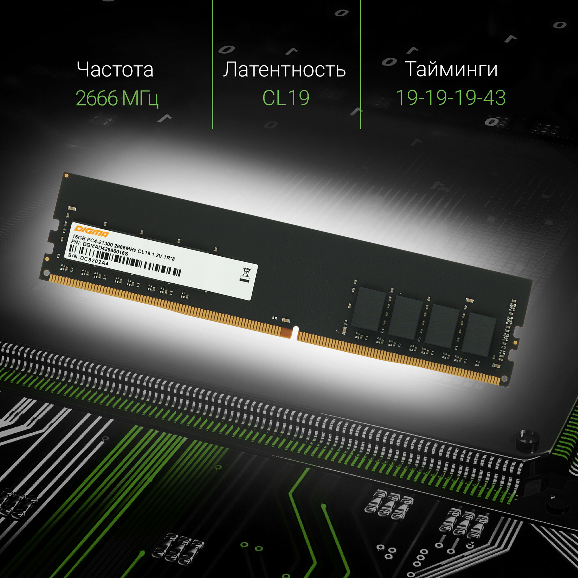 Оперативная память DDR4 16Gb 2666MHz Digma PC4-21300 CL19 DIMM 288-pin 1.2В single rank