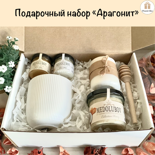 Подарочный набор / Подарок Present-Box Арагонит с уникальным оформлением ручной работы крем мёд медолюбов с кокосом и миндалём 20 гр