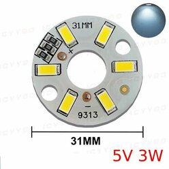 Алюминиевая круглая светодиодная плата (модуль) D31 5V 3W 6led smd 5730, белый холодный свет 6500K