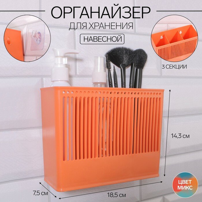 Органайзер для хранения «Classic», навесной, 3 секции, с клеевой основой, 18,5 × 14,3 × 7,5 см, цвет микс