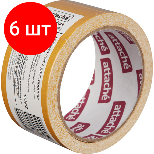 Комплект 6 штук, Клейкая лента двухсторонняя ATTACHE 50мм х 10м, на тканевой основе клейкая лента скотч двусторонняя монтажная unibob 50мм x 10м на тканевой основе 4607025330127 36шт