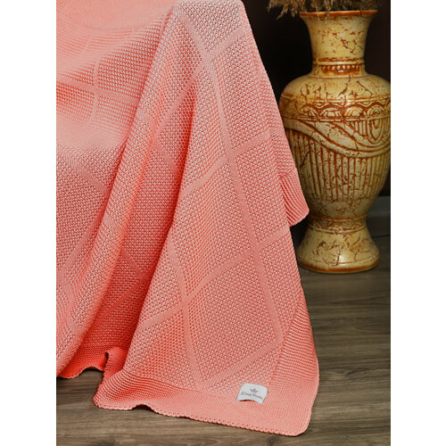 Плед 180х220, вязаный, KING PLAID, пудровый, хлопок, покрывало на кровать, на диван, на кресло, в подарочной сумке