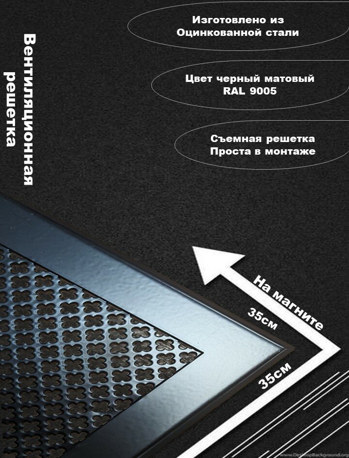 Вентиляционная решетка металлическая 350х350мм, тип перфорации цветок, черный матовый