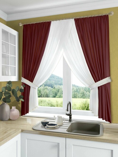 Кухонные шторы из плотной ткани блэкаут и тюля КУ-БК-ГЕР-211 цвет бордовый