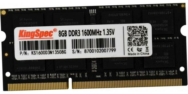 Оперативная память для ноутбука 8Gb (1x8Gb) PC3-12800 1600MHz DDR3 SO-DIMM CL11 Kingspec KS1600D3N13508G KS1600D3N13508G