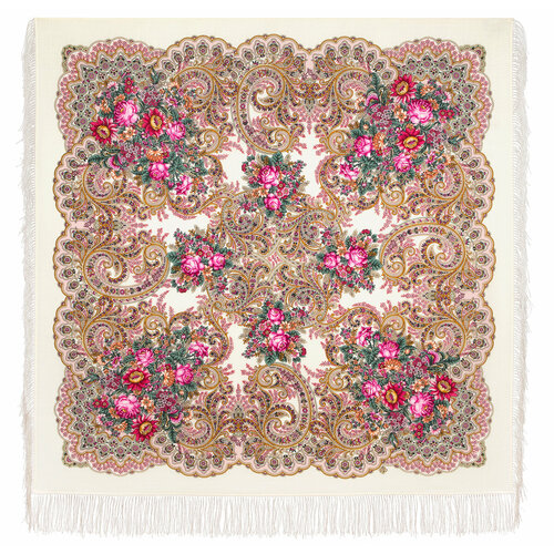 фото Платок павловопосадская платочная мануфактура,125х125 см, горчичный, розовый