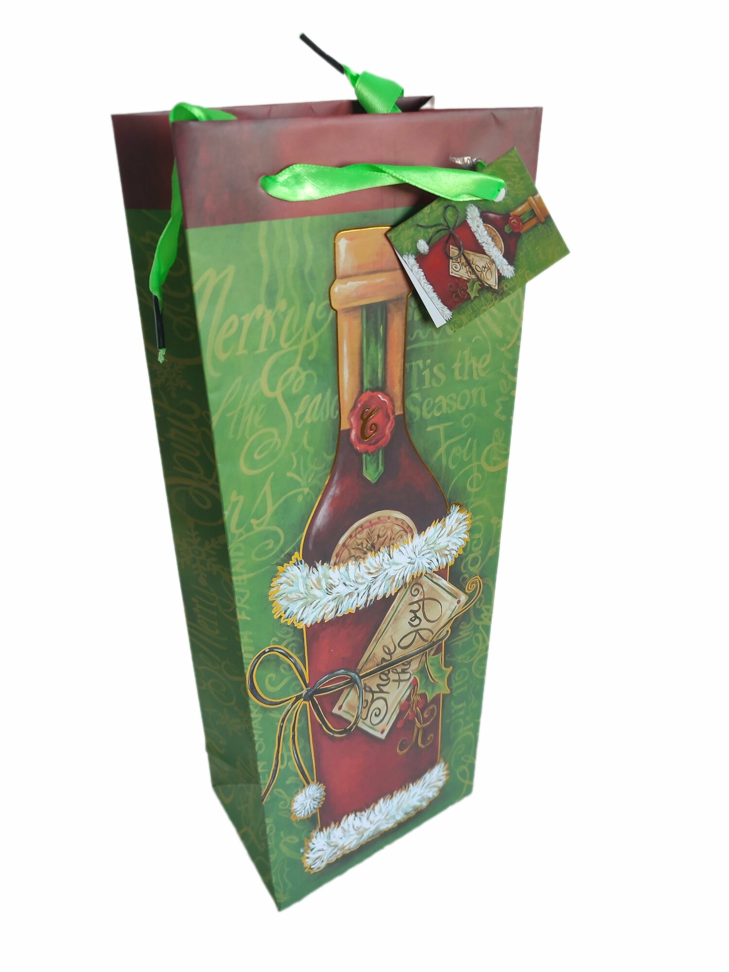 Пакет подарочный ламинированный, 13*36*8,5 см, с тиснением, Winter Wings. Рисунок - Бутылка вина в новогодней шубке
