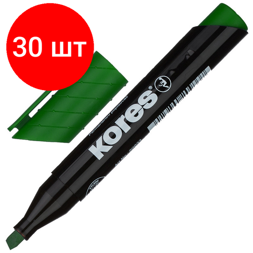 Комплект 30 штук, Маркер перманентный KORES зеленый 3-5 мм скошенный наконечник 20955