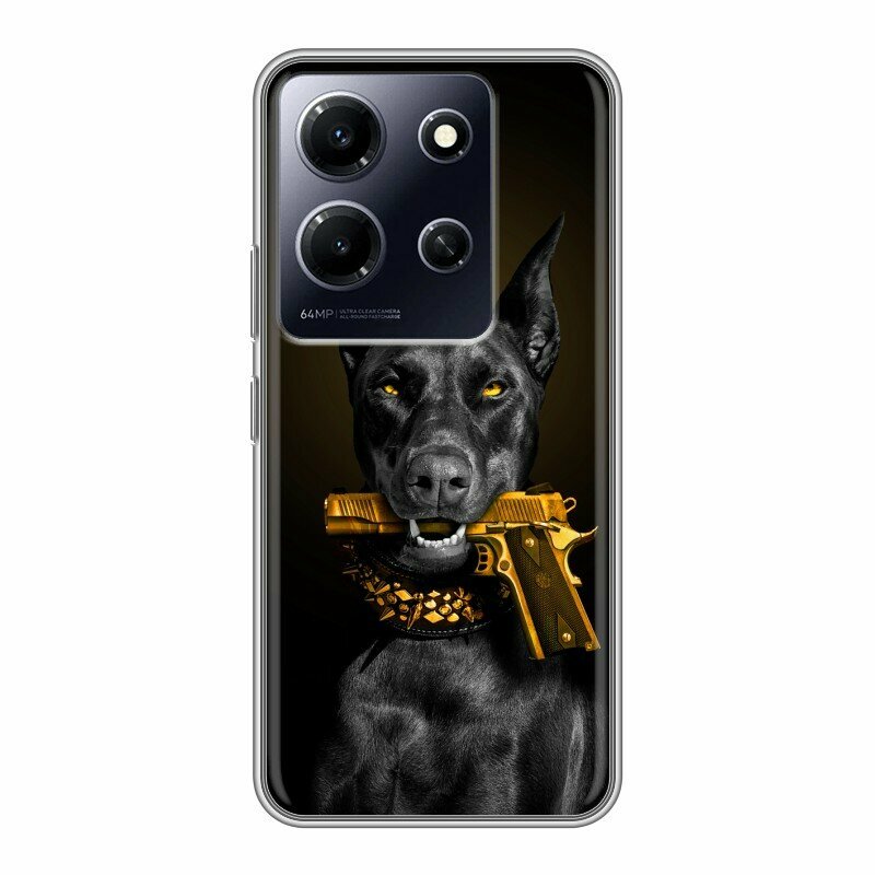 Дизайнерский силиконовый чехол для Инфиникс Ноут 30и / Infinix Note 30i Доберман с золотым пистолетом