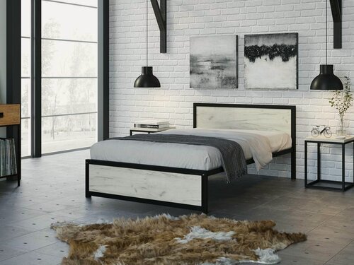 Изображение товара Кровать металлическая Титан Лофт 120х190 черный/дуб крафт белый