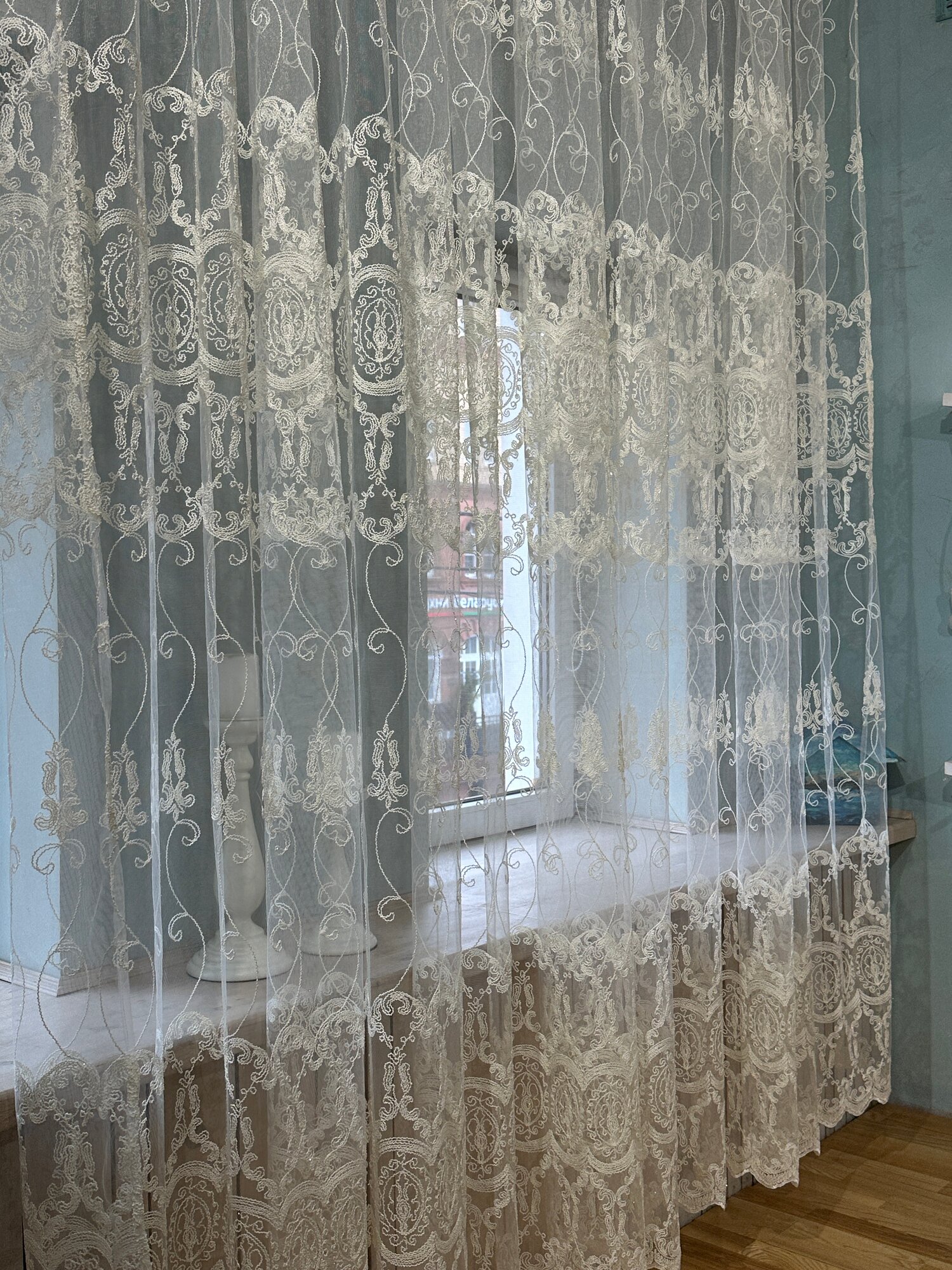 Современная тюль 250*300 сетка с вышитым узором на окно для гостинной, спальни, кухни. Прозрачная штора вуаль. — фото 1