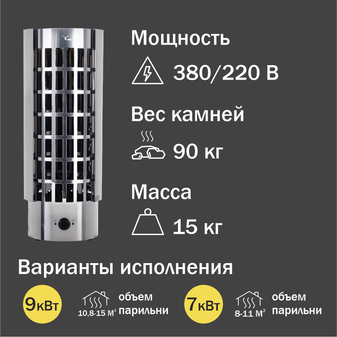 Электрокаменка УМТ "Сфера" ЭКМ-7 кВт/220В-380В, корпус из нержавеющей стали, со встроенным пультом