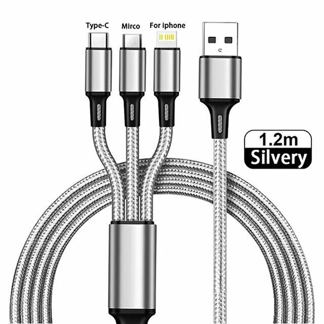 Кабель для зарядки телефона 3 в 1  универсальный  с разъемами Lightning Micro USB Type C 12м серебристый