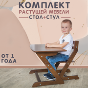 Детский растущий стул и стол, комплект мебели для детей, набор стульчик и столик, цвет Орех