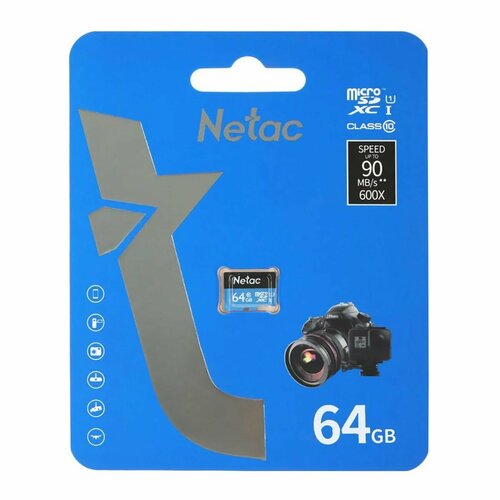 Карта памяти Netac P500 Standard UHS-I MicroSD, 64 Гб, без адаптера, класс 10, 1 шт