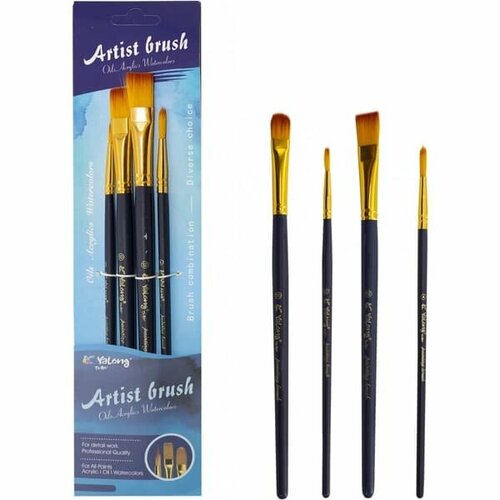 Набор кистей Yalong нейлон 4 шт круглая 2 4 плоская 10 12 деревянная ручка блистер европодвес YL213712-4 431₽