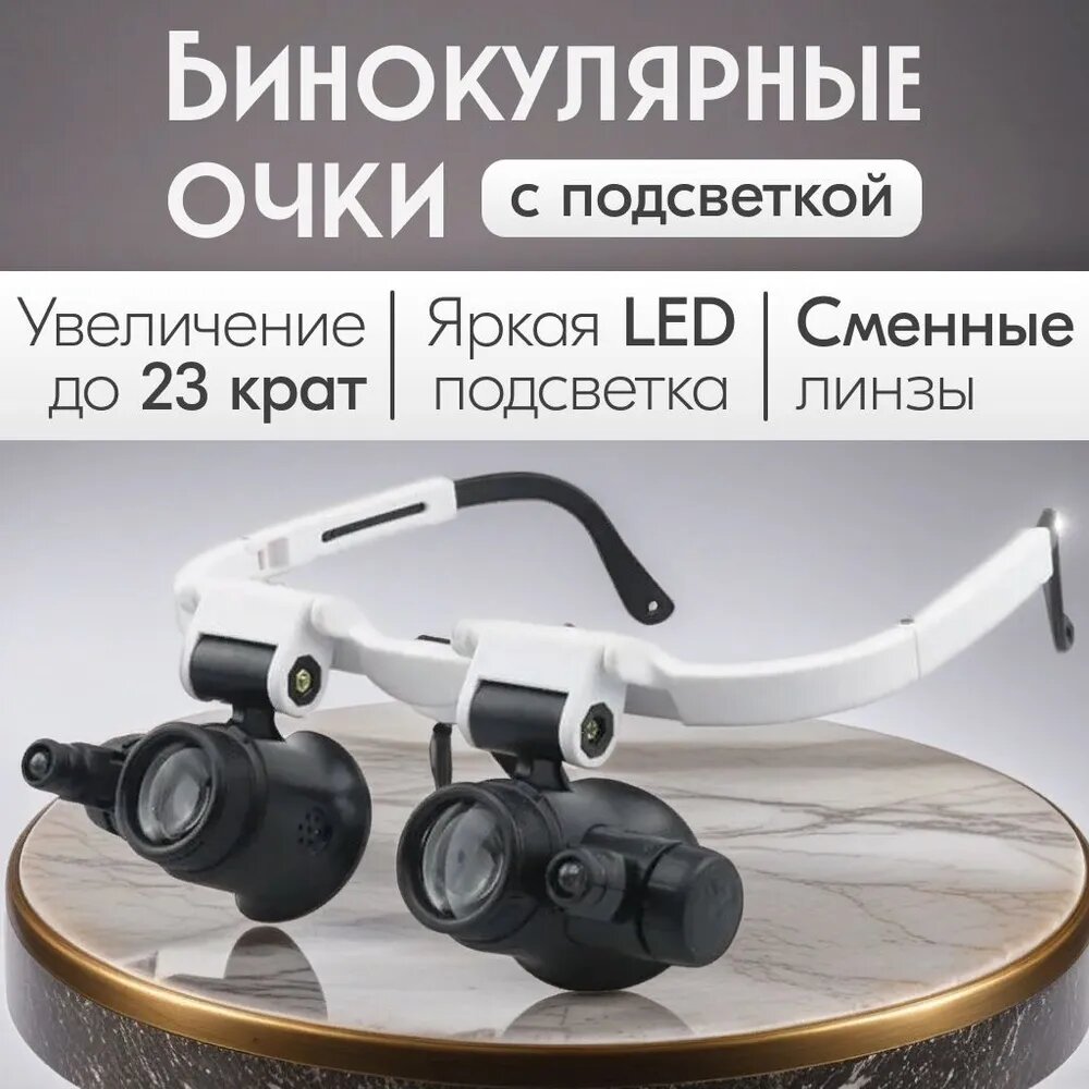 фото Бинокулярные очки, Очки-лупа с подсветкой, комплект из 4 линз 7х, 10х, 15х, 25х, черные