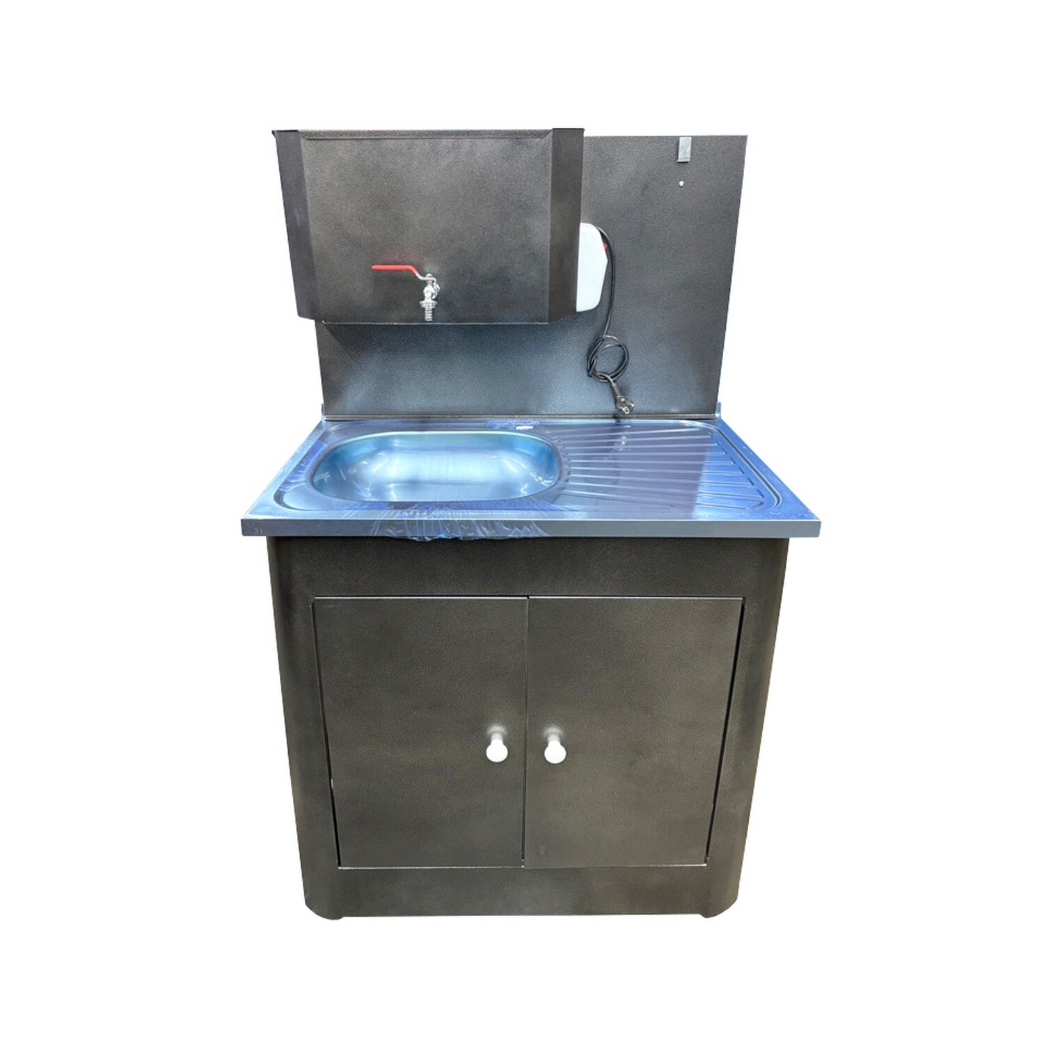 фото Рукомойник Дуэт 2-х дверный металл. 500х800 антич. серебро (с ЭВН-20л + мойка НЕРЖ+ кран металл.)