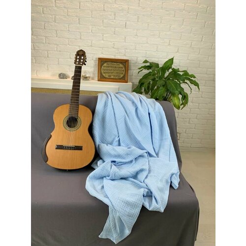 фото Плед на кровать 200*230 голубой , двусторонний , жатый ,100% хлопок из турецкого муслина , для детей и взрослых , в любое время года pentakl&kea