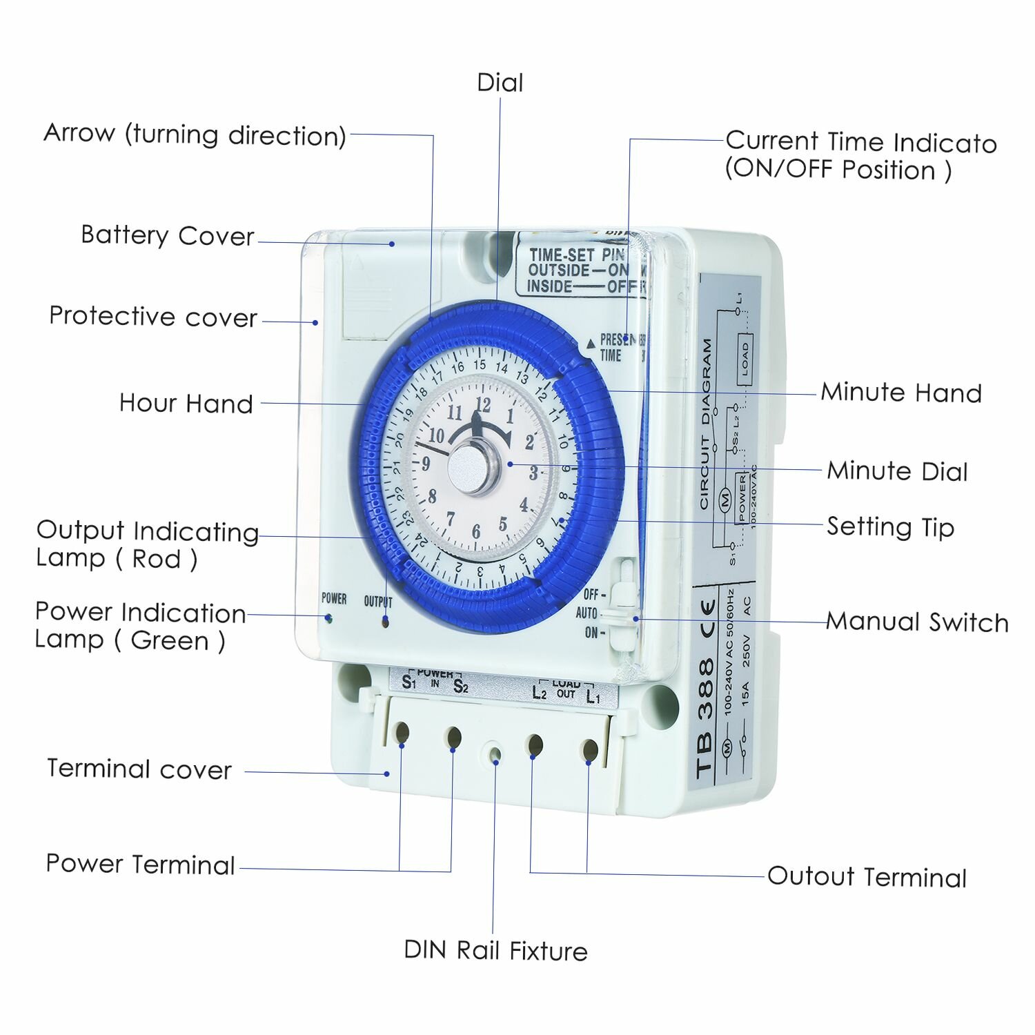 Механический таймер на 24 часа 100 240 В 15 А таймер с 15-минутными интервалами резервная батарея и кнопки для освещения монтаж на DIN-рейку со светодиодами CFL