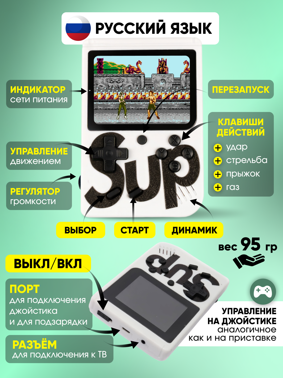 Игровая приставка "SUP GAME BOX", 400 предустановленных 8-ми битных игр, портативная, белая — фото 1