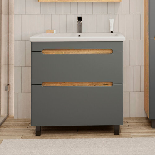 Изображение товара Тумба напольная SanStar Diva 80 с раковиной Como 80 (комплект) для ванной комнаты Дуб вотан, графит софт