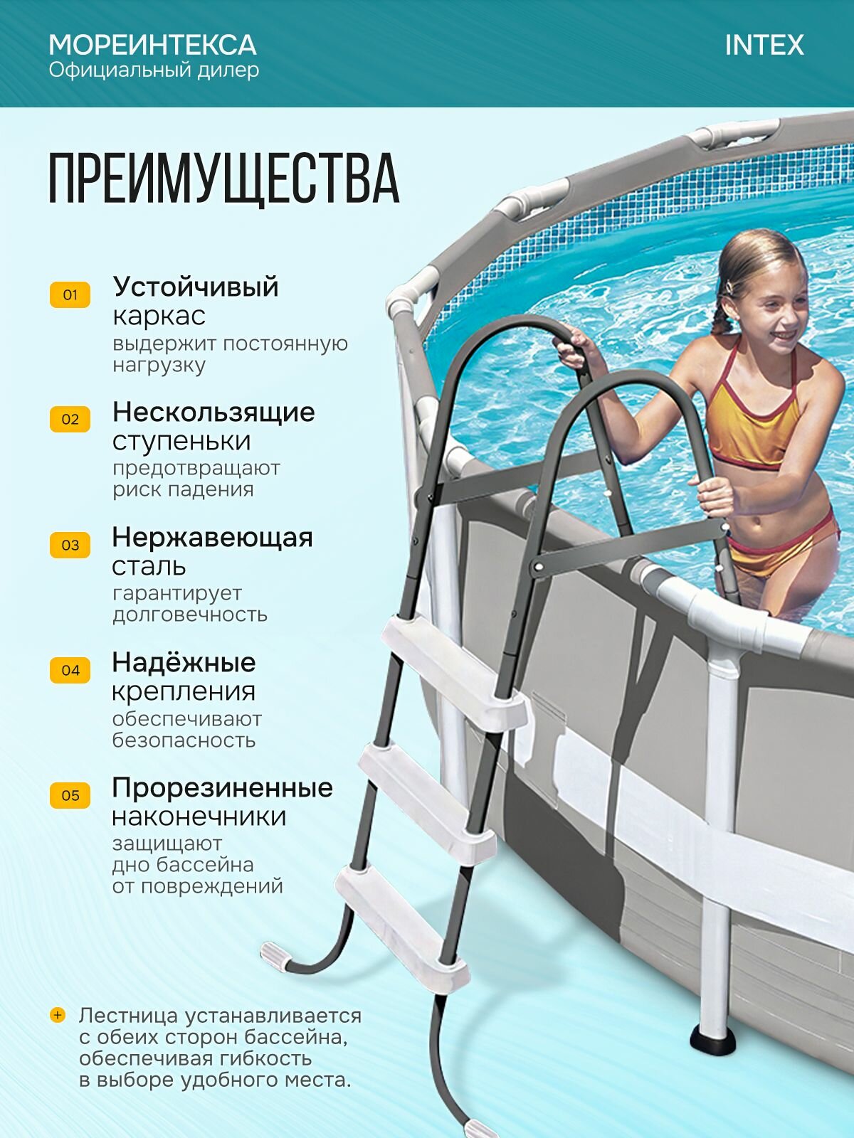 Лестница для бассейнов высотой до 91 см без площадки Intex 28064 — фото 1