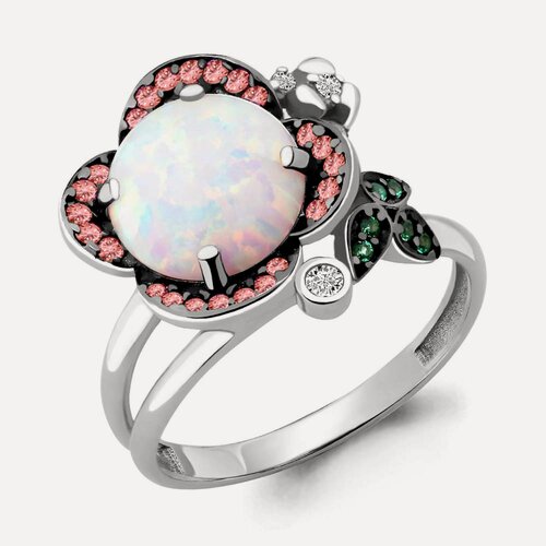 Изображение товара Кольцо, серебро, 925 проба, родирование, опал, фианит, кристалл, изумруд синтетический