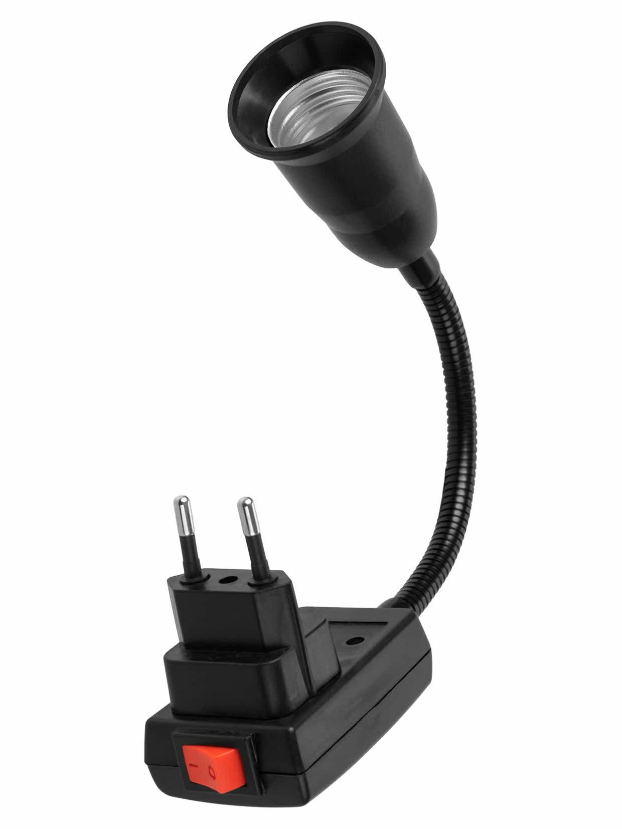 Переходник вилка-Е27 гибкий 150мм с выключателем, черный