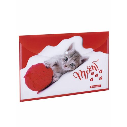 BRAUBERG Папка-конверт с кнопкой Funny cat А4, пластик, красный