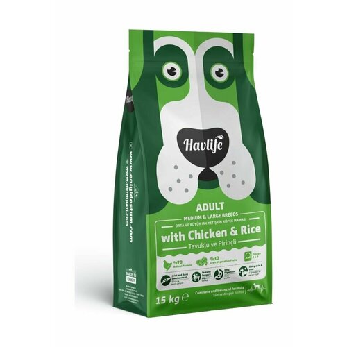 Havlife - Сухой корм для взрослых собак средних и крупных пород, с курицей и рисом pp62760 15 кг