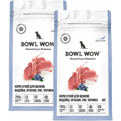 BOWL WOW для щенков крупных пород с индейкой, ягнёнком, рисом и черникой (2 + 2 кг)