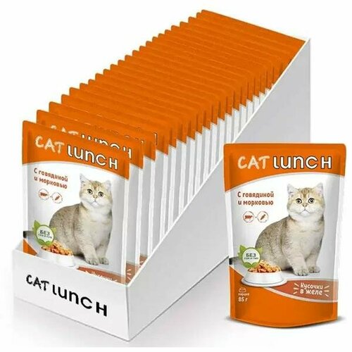 КЭТ ланч Консервированный корм для кошек кусочки в желе Говядина и Морковь 24х85г