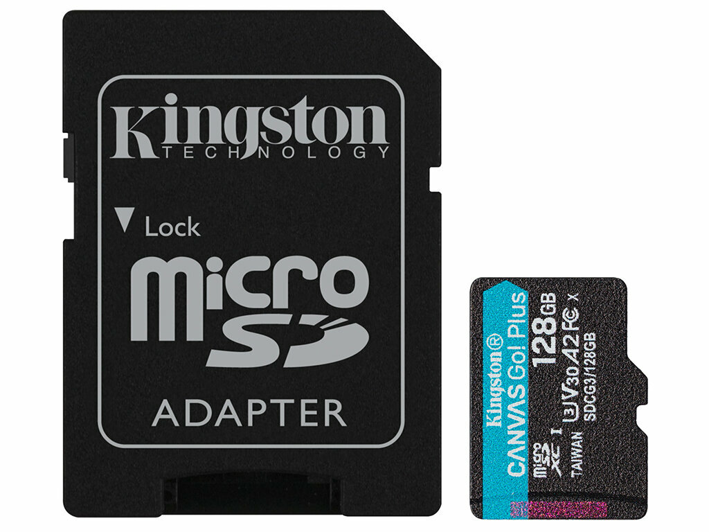 Карта памяти microSDXC UHS-I U3 Kingston Canvas Go! Plus 128 ГБ, 170 МБ/с, Class 10, SDCG3/128GB, 1 шт, переходник SD