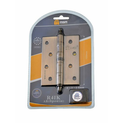 MSM Петли съемные 100х75х2,5мм с колпачком левая 2шт. R4IК blister AB (Бронза)