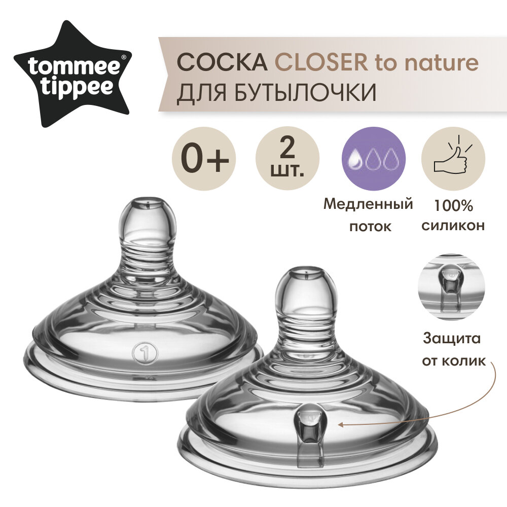 Соска силиконовая медленный поток для бутылочки Tommee Tippee, Closer to nature 2шт 0+