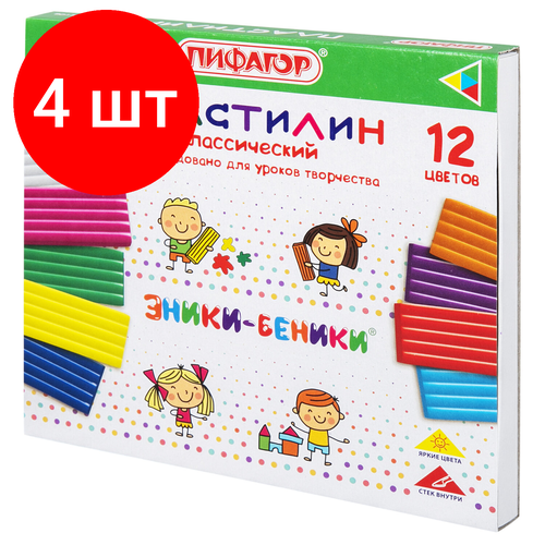 Комплект 4 шт, Пластилин классический пифагор эники-беники супер, 12 цветов, 240 грамм, стек, 106429