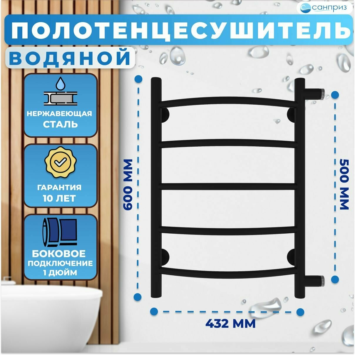 Полотенцесушитель водяной санприз Классик П5 400мм 600мм боковое подключение м/о 500 черный матовый форма Лесенка